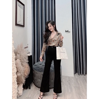 Áo sơmi lụa dáng thụng giấu quần hoạ tiết hoa xanh