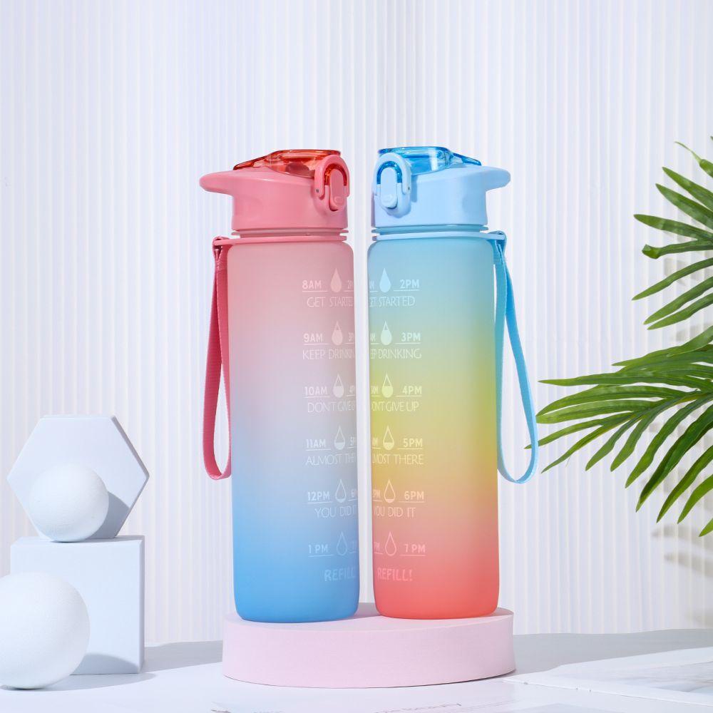 Bình Nước 1000ml Màu Gradient Cầu Vồng Sức Chứa Lớn Có Ống Hút
