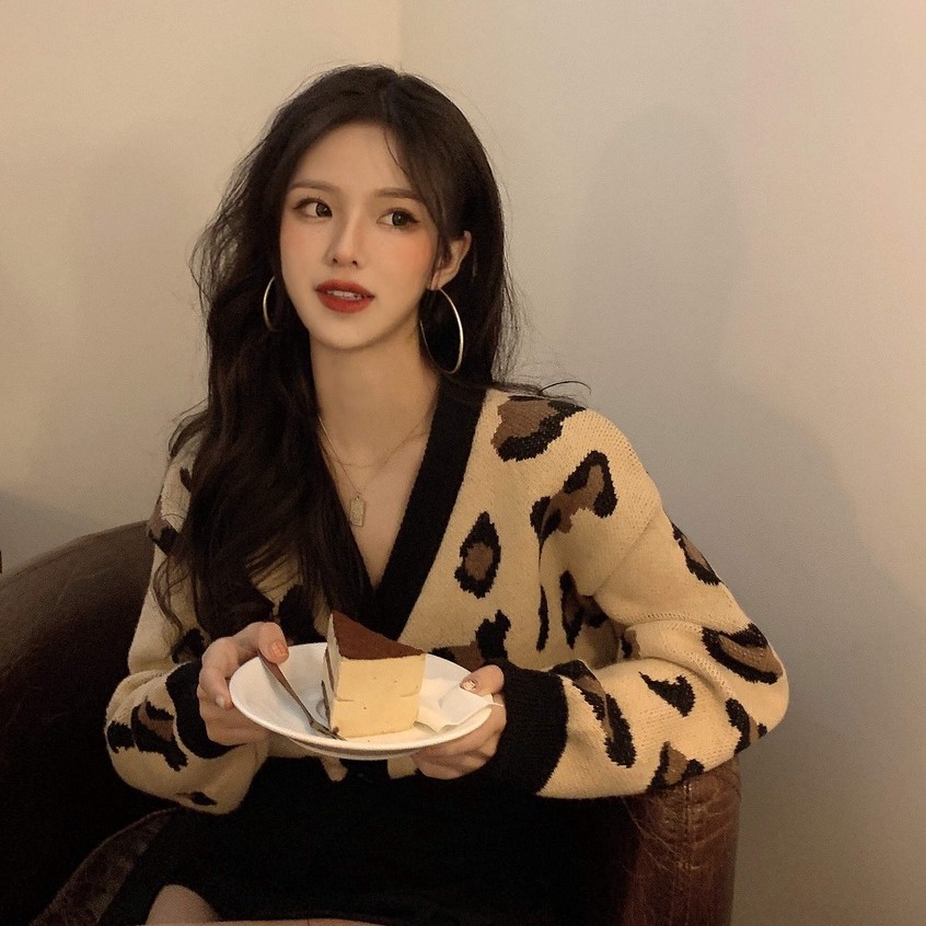 QADCOL Cardigan croptop dài tay dệt kim cổ chữ V dáng rộng họa tiết da báo thời trang