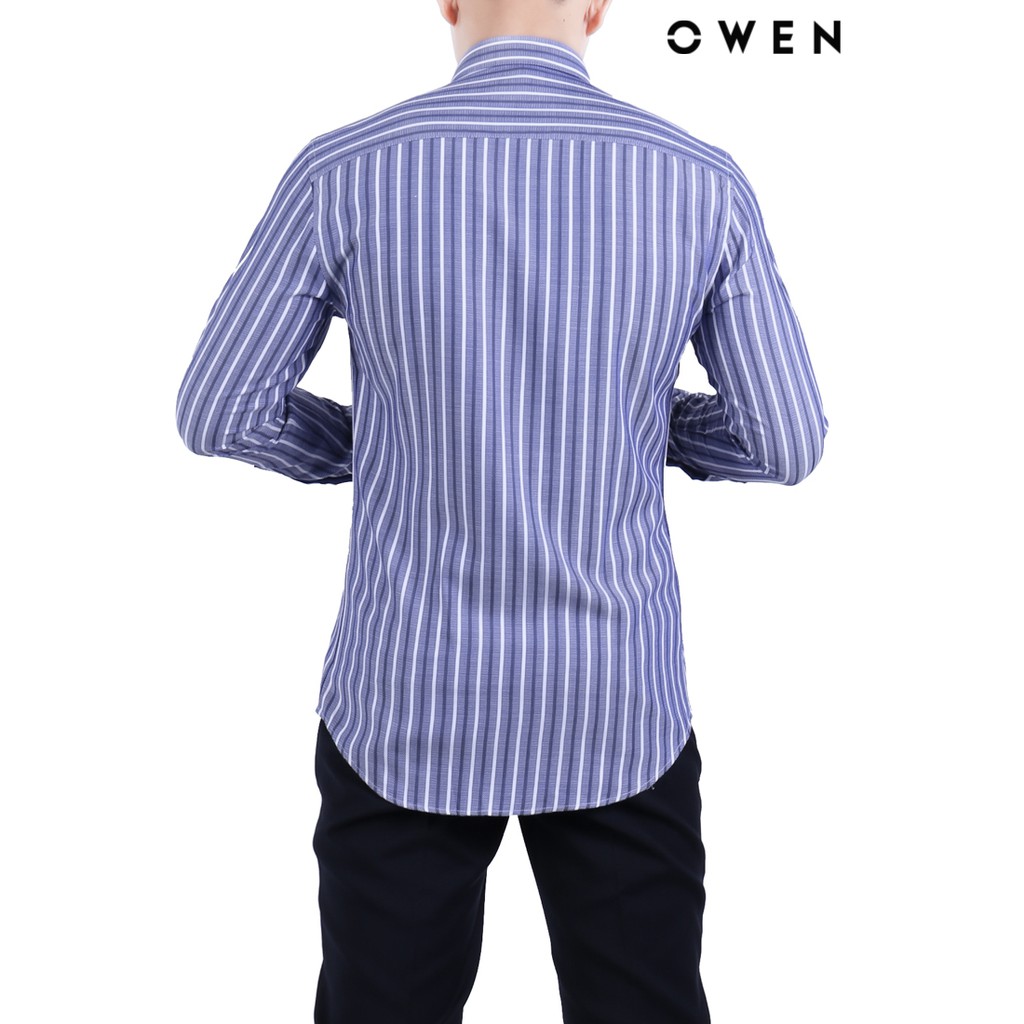 Áo sơ mi dài tay OWEN Bamboo Slimfit không túi màu xanh sọc - AS22248D
