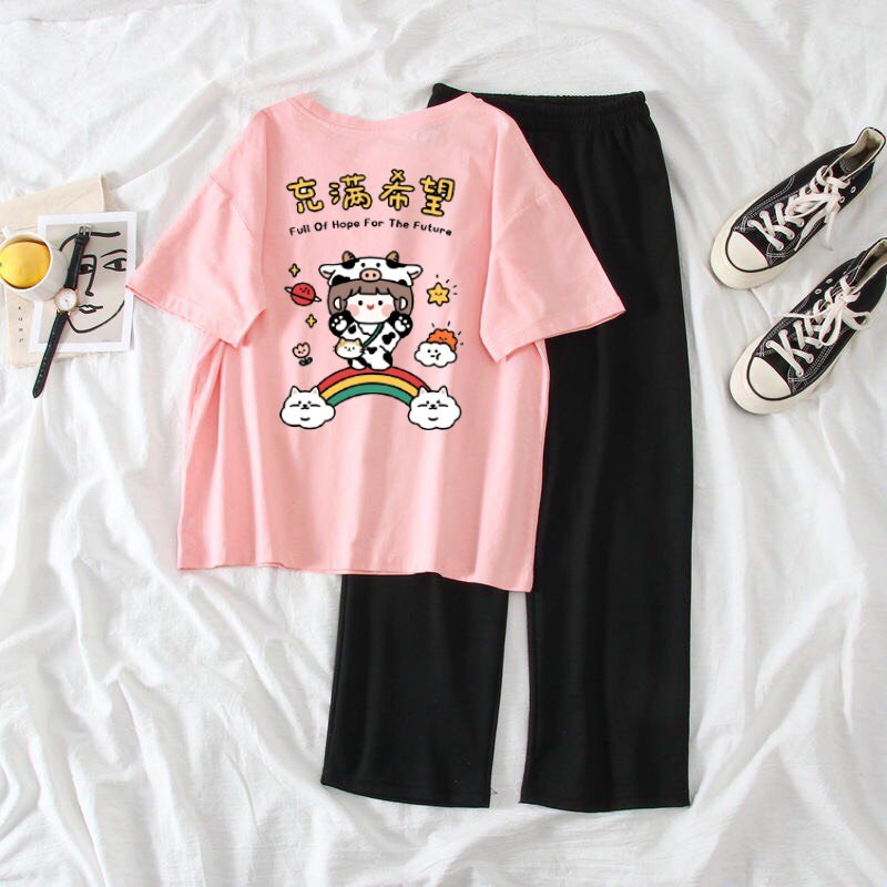 Sét áo phông Cô bé bò sữa + quần suông đen, Áo thun from rộng, Chất đẹp không xù, quần suông ống rộng, Sét bộ mặc ở nhà