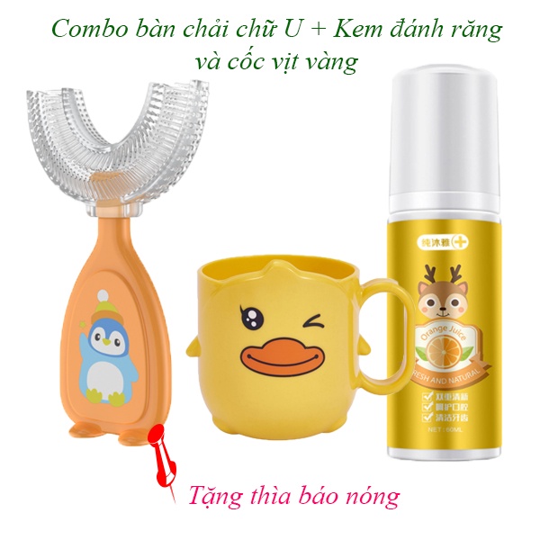 Bộ bàn chải đánh răng cho bé chữ U + cốc vịt + Kem đánh răng tạo bọt hương cam có thể nuốt được ( date 2024)