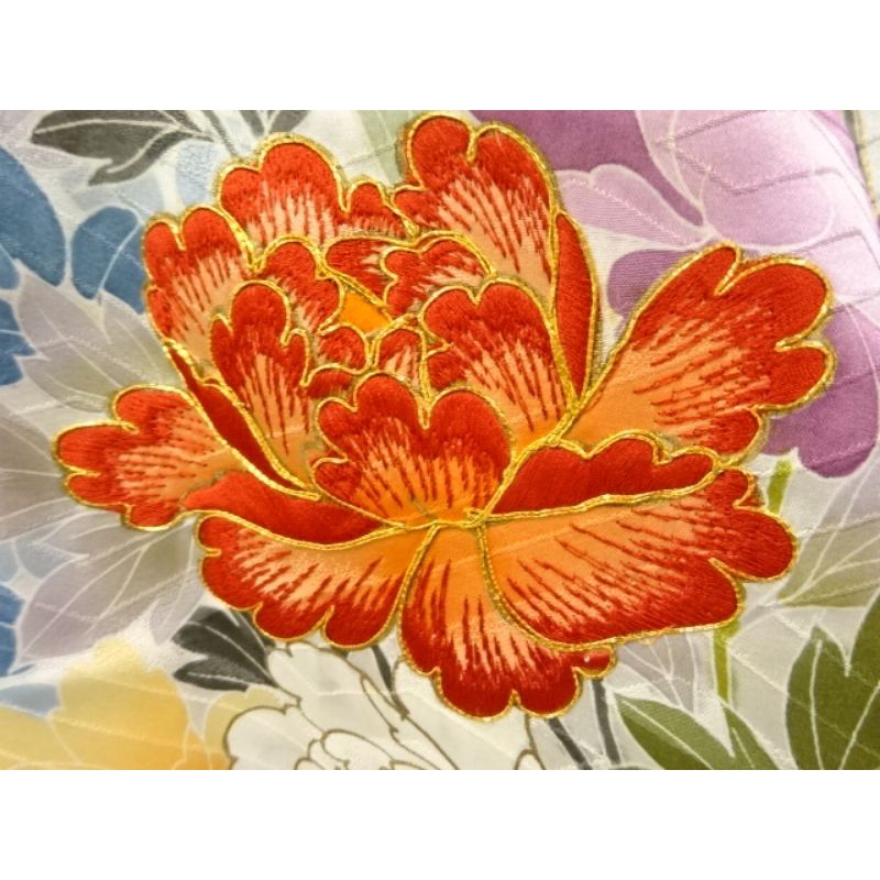 Antique Furisode Kimono Nhật Bản - Bridge and flowers embroidery - Hoa văn phong cảnh