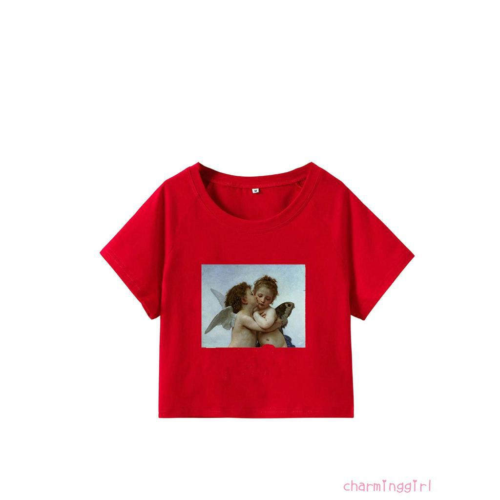 Áo Thun Crop Top Cổ Tròn Tay Ngắn In Hình Thiên Thần Cho Nữ