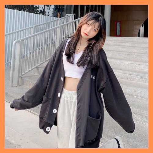 Áo Cadigan nỉ logo ngực- Áo khoác nỉ dáng rộng cổ V 4 khuy ullzang - LINH CHI STORE