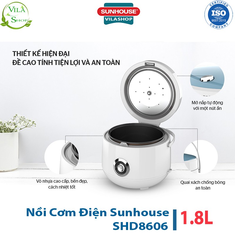 Nồi Cơm Điện, Nồi Cơm Đa Năng 1.8 L Sunhouse SHD8606 Thiết Kế Mới Lạ, Đẹp Mắt, Quai Xách Chống Bỏng An Toàn