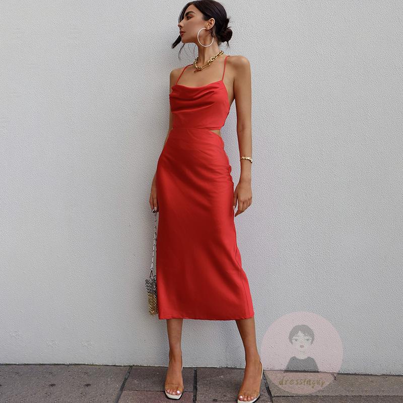 Đầm Dây Chéo Lưng Màu Trơn Thời Trang Nữ (Đỏ, Xanh Lá, Nâu)