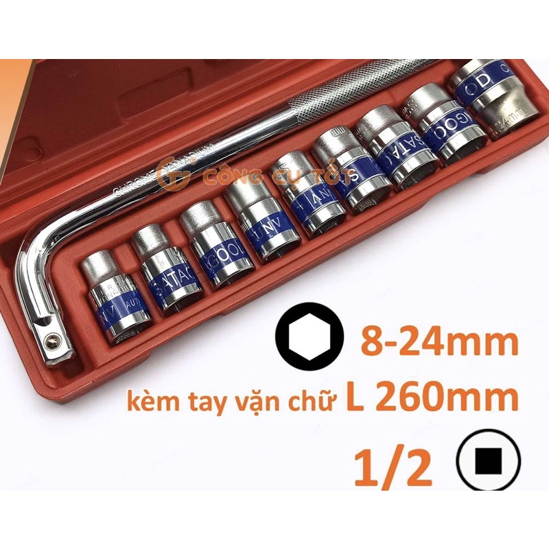 BỘ TUÝP 10 CHI TIẾT 8-24MM CẦN CONG L 1/2inch HỘP NHỰA ĐỎ