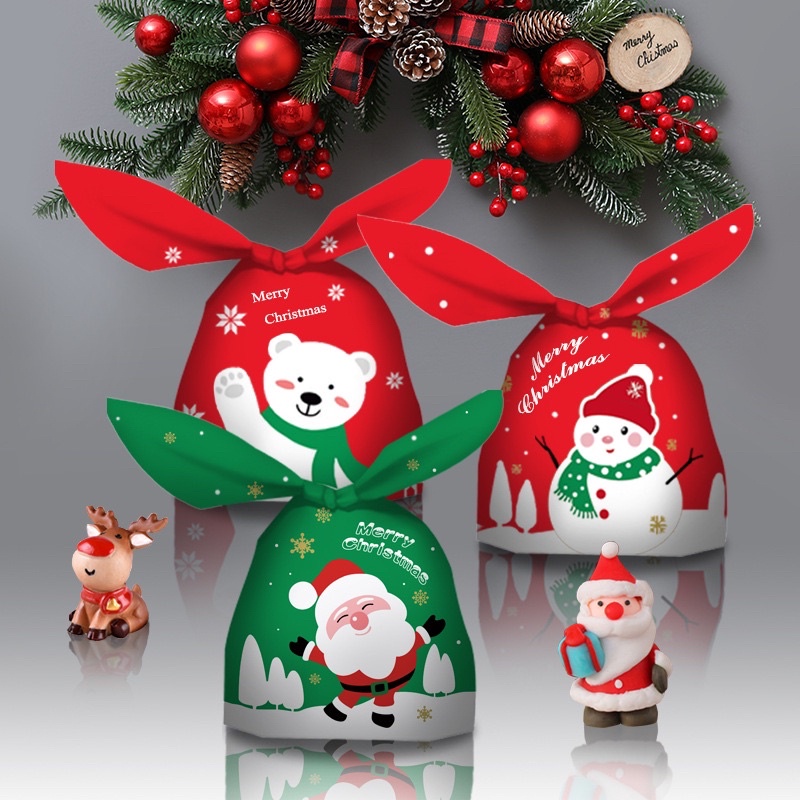 Set 10 túi nhựa cột đựng quà, bánh hình ông già Noel merry xmas xanh lá/ đỏ size 13.5 x 22 cm