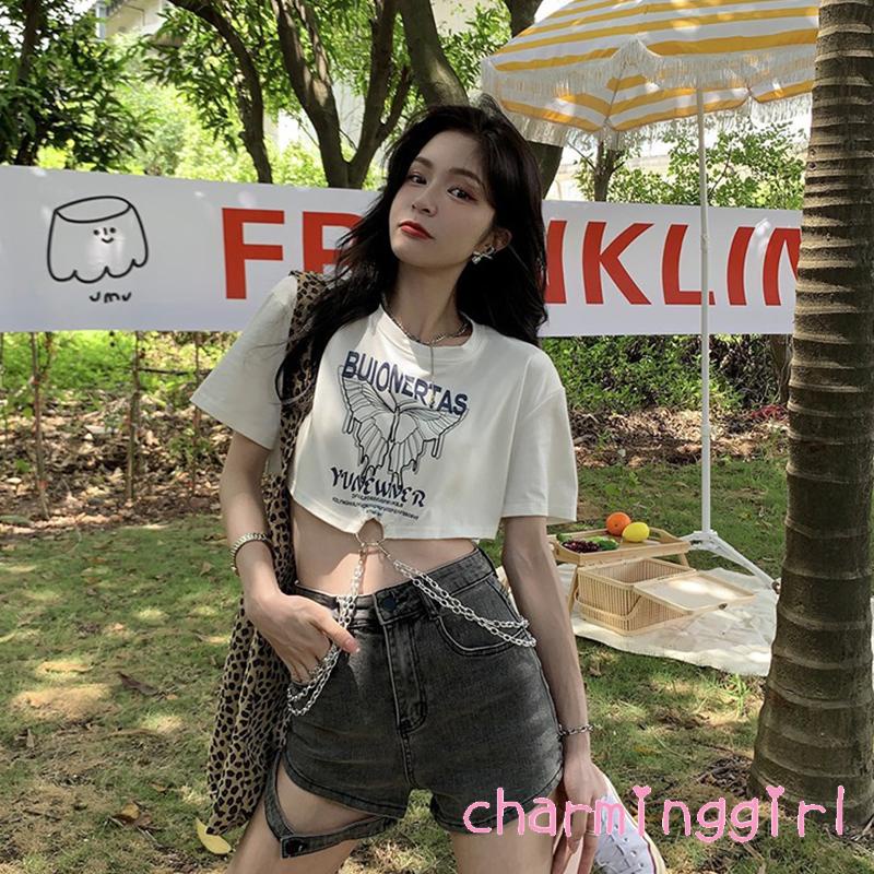 QAQ-Women´s Cropped Tops Short Sleeve Round Collar Butterfly Letters Print Metal Chain Street Party Shirt