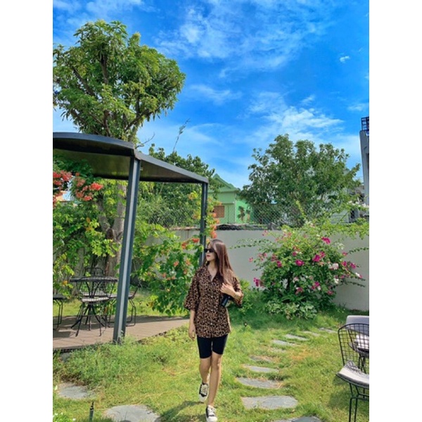 Set sơ mi beo + quần bike lưng thun