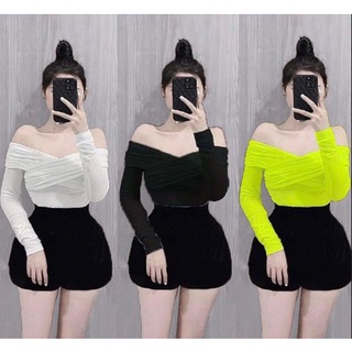 Áo thun bẹt vai tay dài cổ v đắp chéo