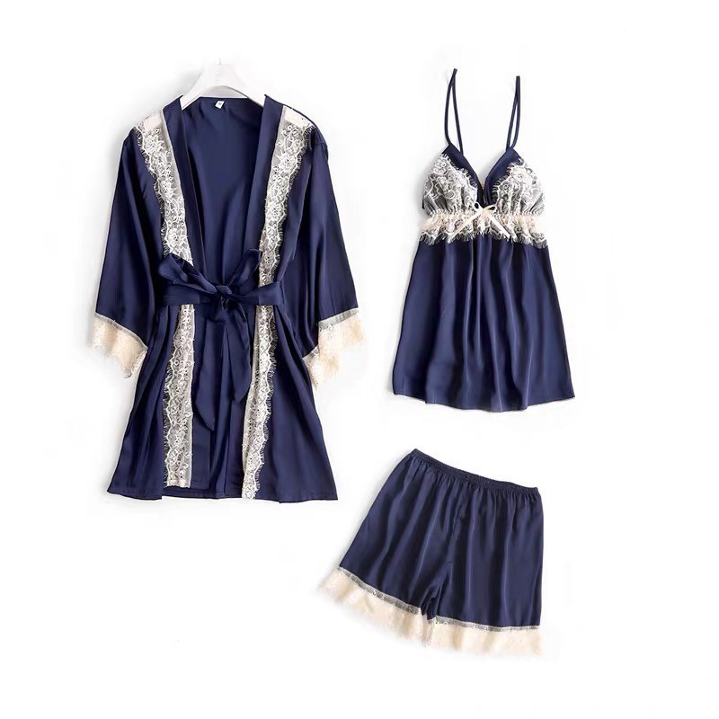 Set ngủ lụa 3 món bộ đùi 2 dây và choàng viền ren