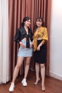 Áo croptop somi phi lụa cột nơ eo tay dài - Hình chụp thật