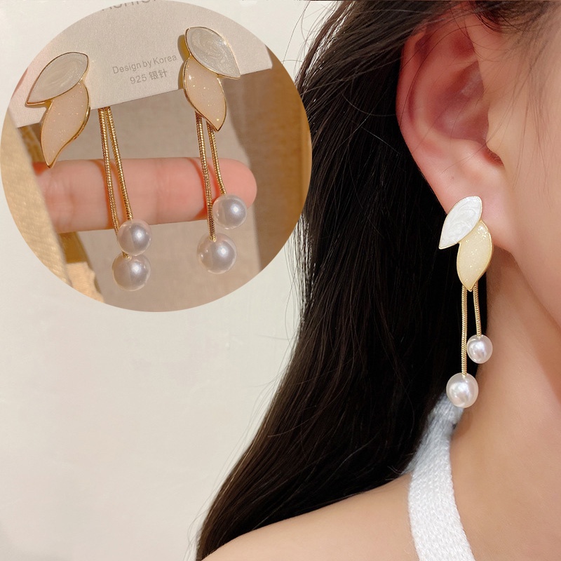 Bông Tai Dáng Dài Đính Lá Và Ngọc Trai Đơn Giản Phong Cách Hàn Quốc