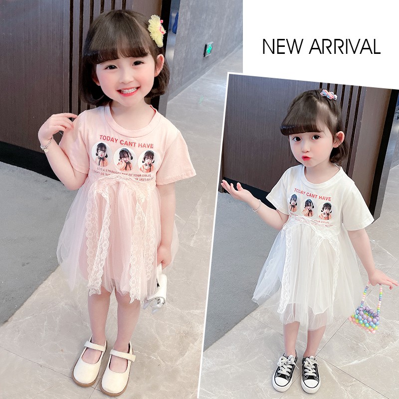 2021 New Baby Girl Mùa hè Tay ngắn in lưới Váy 1- -Cô gái 6 tuổi Cô mặc kiểu phương Tây vào