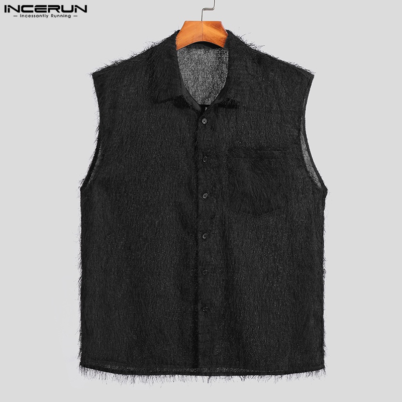 Áo sơ mi INCERUN sát nách màu trơn phối tua rua cài nút thời trang cho nam