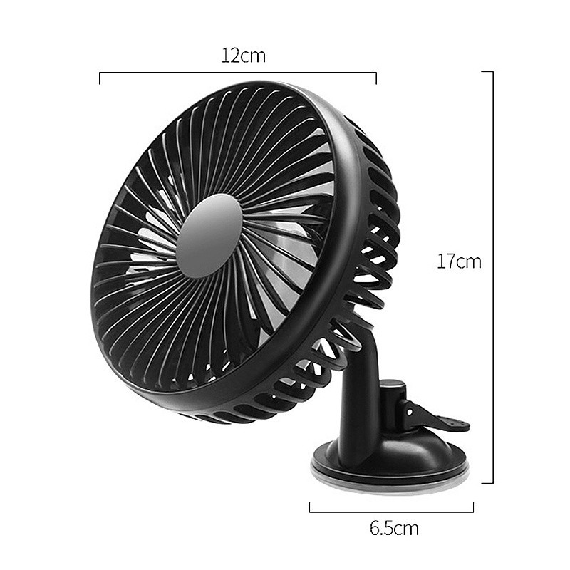 Quạt USB Mini 12V/24V Màu Đen Với Cốc Hút 360 Độ Gắn Ghế Xe Hơi