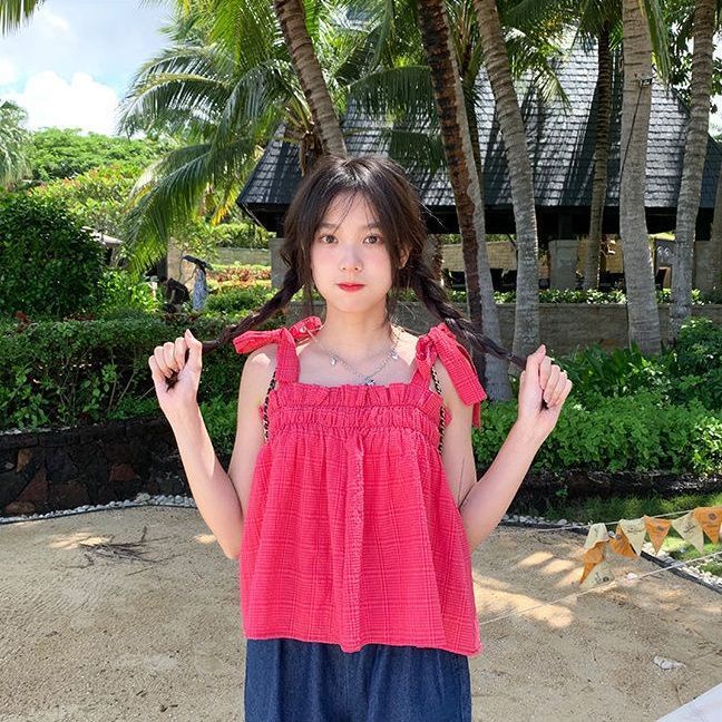 Hàng Mới Về Jiashucheng Áo Hai Dây Xếp Ly Màu Trái Cây Ngọt Ngào Phong Cách Preppy Mùa Hè Cho Nữ