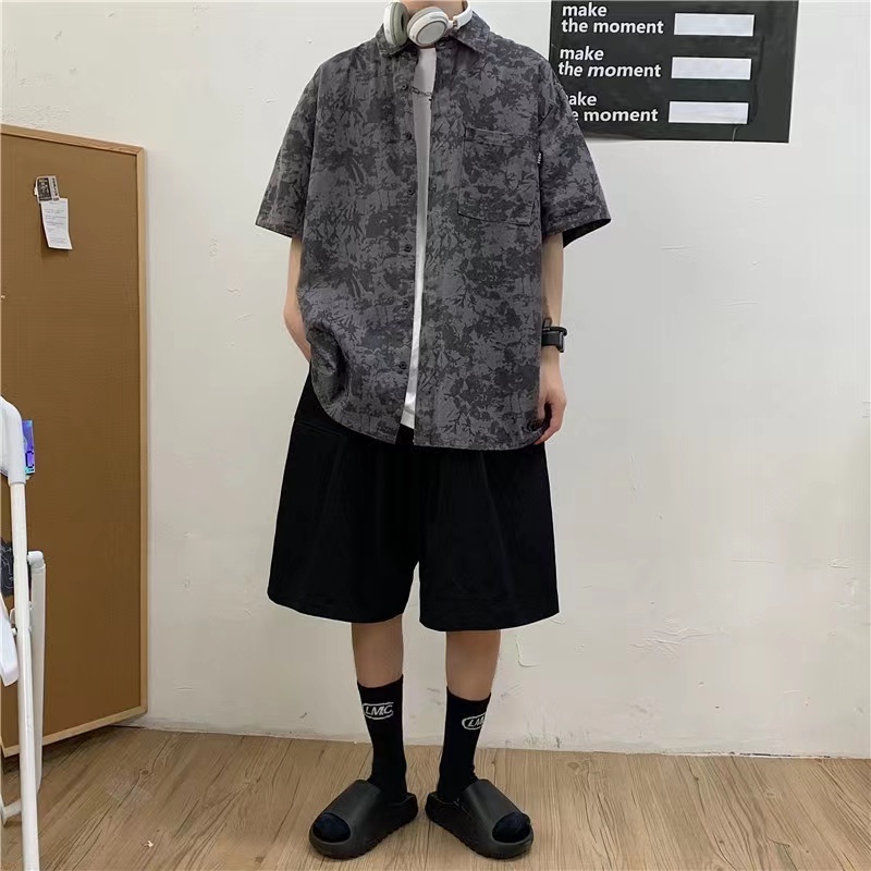 Hàn Quốc bôngáo sơ mi nam ngắn tayÁo Sơ Mi Ngắn Tay Phong Cách Đường Phố Cá Tính Cho Nam unisex áo thun kiểu nữ