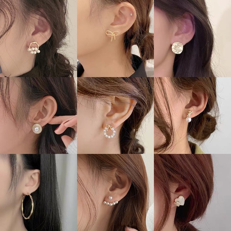 Bông Tai Hình Học Bằng Kim Loại Đính Ngọc Trai Phong Cách Retro Hàn Quốc 2022 bông tai nữ khuyên tai