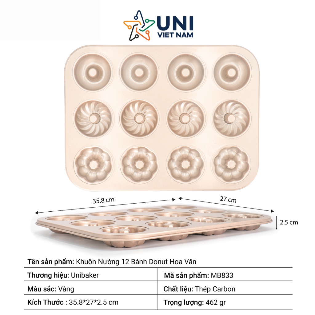 Khuôn nướng 12 bánh Donut hoa văn Unibaker MB833