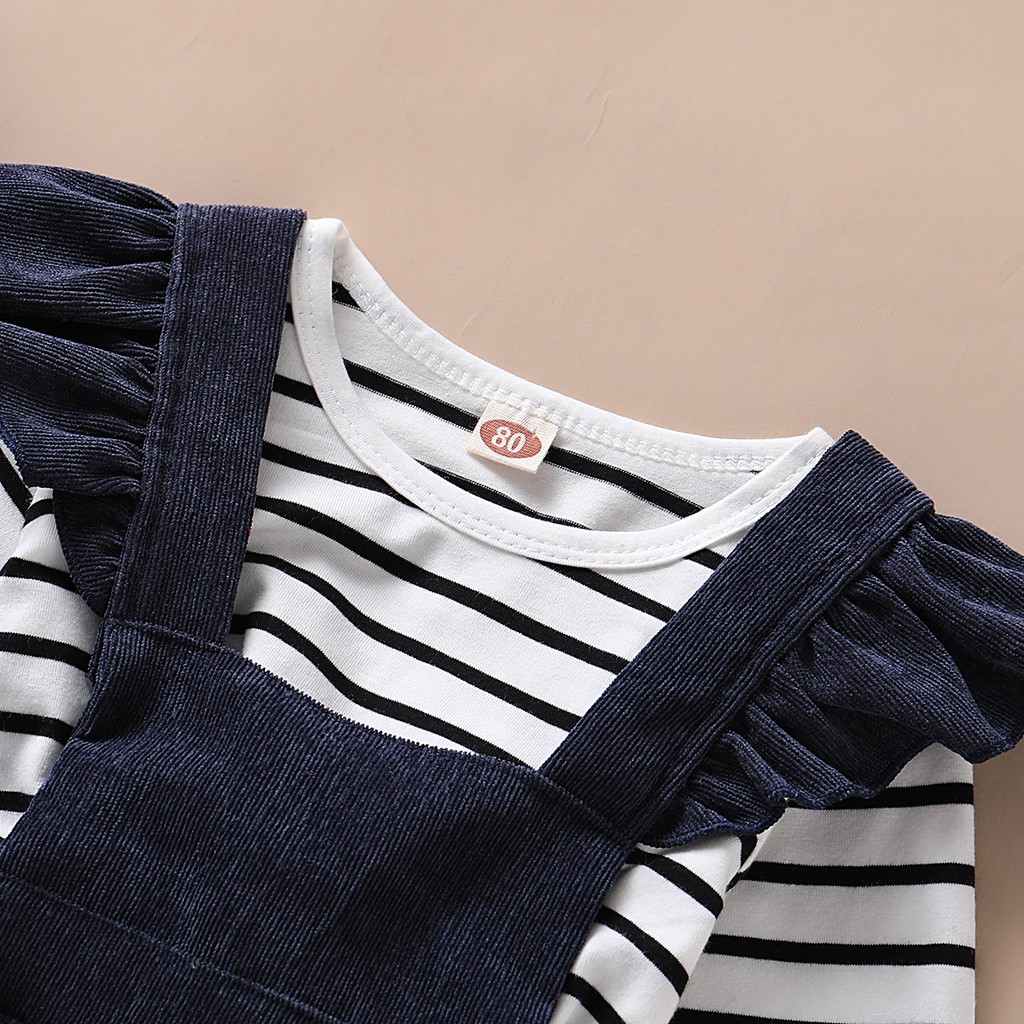 Bộ trang phục MIKRDOO áo tay dài hoạ tiết kẻ sọc và quần có dây đeo vai cotton thời trang mùa thu xinh xắn cho bé gái