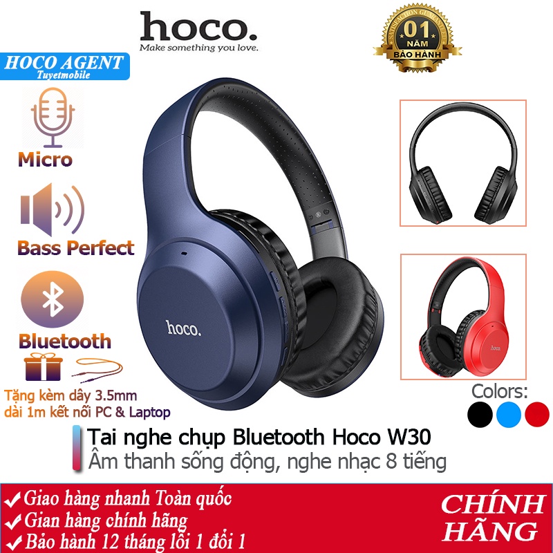 Tai nghe chụp tai Hoco W30 headphone hỗ trợ bluetooth V5.0, khe thẻ nhớ và cổng AUX 3.5mm - Chính hãng