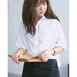 (Kèm hình thật) Sơ mi trắng lệch tà vạt bầu oversize