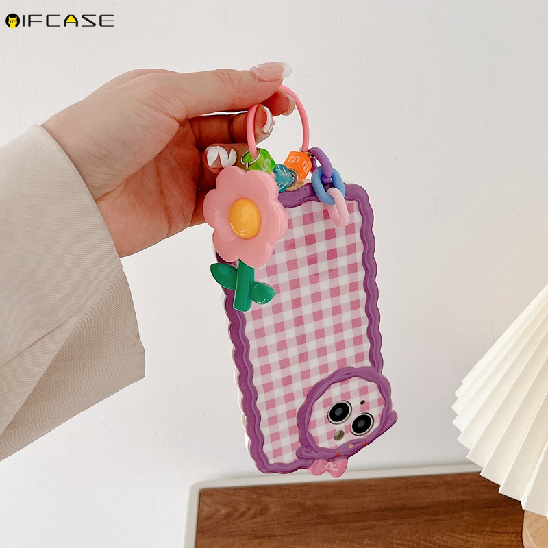 Ốp Điện Thoại Dẻo Họa Tiết Hoạt Hình Hoa / Nơ / Sọc Caro Kèm Vòng Tay & Dây Đeo Cho iPhone 13 12 11 Pro Max