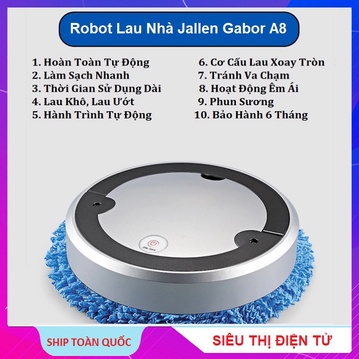 Máy Lau Nhà Thông Minh Lau Khô Và Ướt, Robot Lau Nhà Jallen Gabor A8 - Kết Hợp Xông Tinh Dầu - Thanh Lọc Không Khí