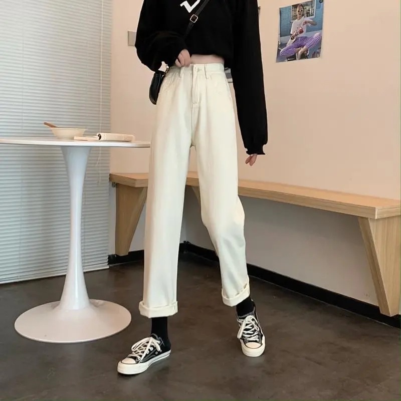 Quần Jeans Nữ Màu Trắng Sữa Dáng Ống Suông Unisex Cạp Cao Phong Cách Ulzzang Hàn Quốc Chất Loại Đẹp