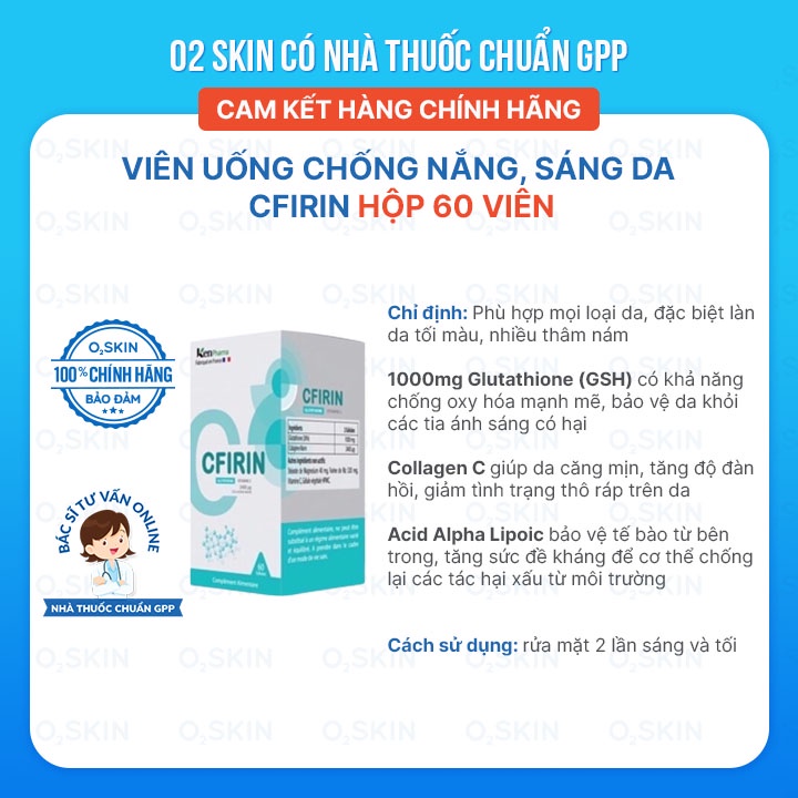 Viên Uống Chống Nắng, Sáng Da CFIRIN  Cam Kết Chính Hãng