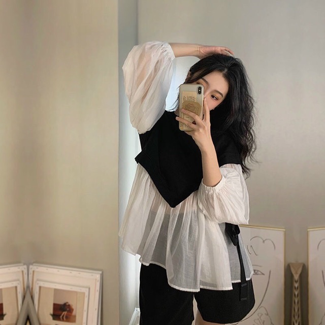 BW DOLL TOP - ÁO BABYDOLL PHỐI ĐEN TÀ LỤA TRẮNG CỘT NƠ HÔNG CỰC XINH