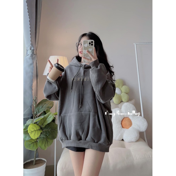 Áo hoodie unisex LIBERTY,Áo hoodie chất nỉ mũ 2 lớp form rộng nam nữ màu xanh rêu