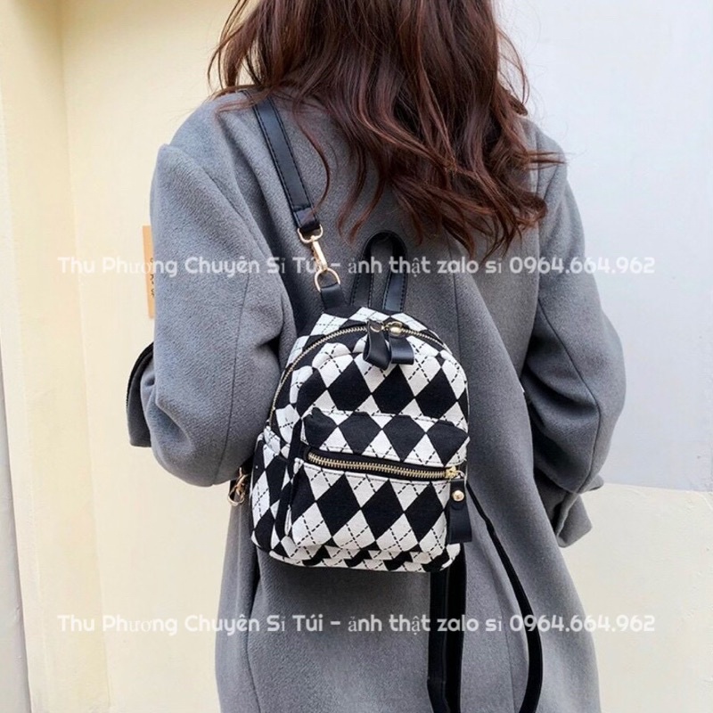 Balo mini - Balo to đi học hoạ tiết trần ô hình trám dễ thương, phong cách vintage hàn quốc giản dị siêu xinh