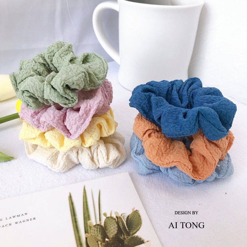 Dây buộc tóc vải satin xếp nếp co giãn màu kẹo đơn giản thời trang cho nữ