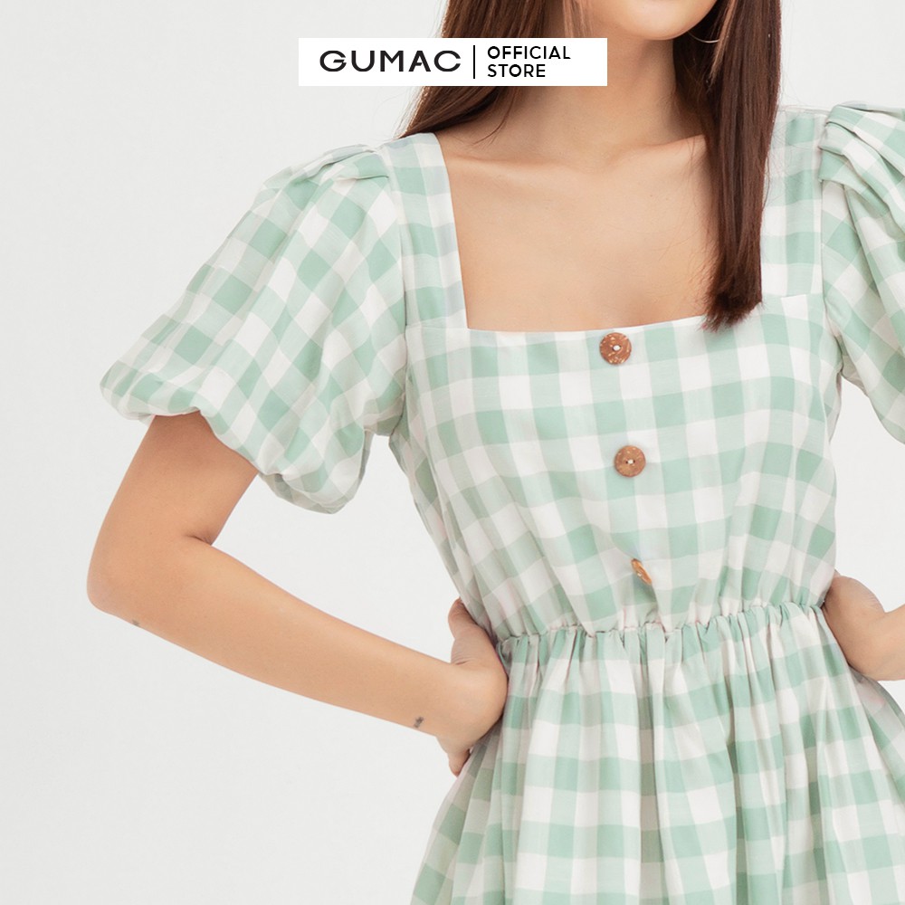 [Mã MABR07062 giảm 8% tối đa 50K đơn từ 249K] Đầm xòe nữ tay bí GUMAC họa tiết caro màu xanh trẻ trung DB485 | BigBuy360 - bigbuy360.vn