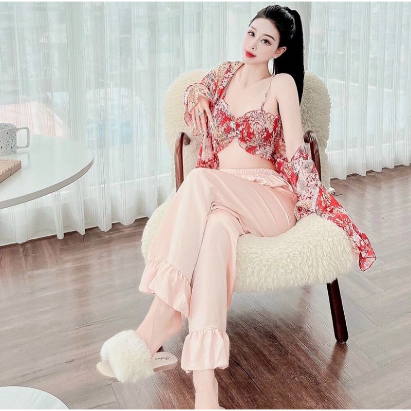 Set đồ ngủ 3 món santin lụa siêu đẹp