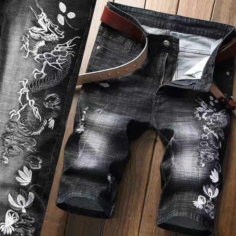 Quần Short Jean Dáng Ôm Thiết Kế Rách Thêu Họa Tiết Thời Trang Cá Tính Cho Nam