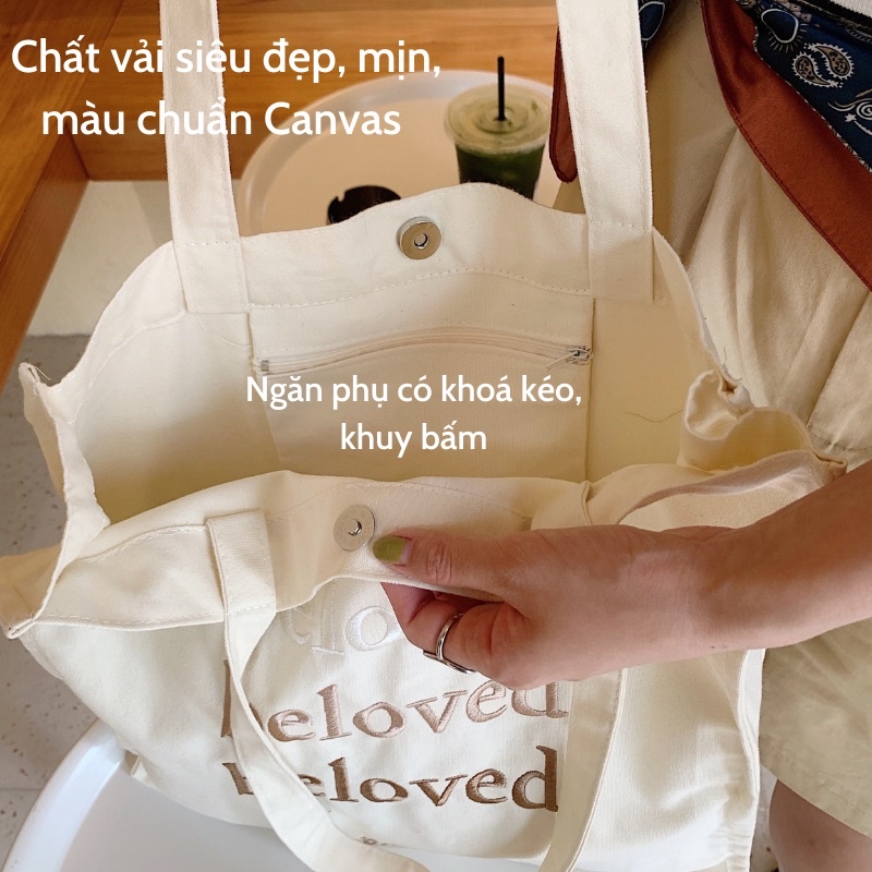 Túi Tote Vải Canvas Đeo Vai Chất Siêu Đẹp Thêu Chữ BELOVED Vintage Uzzlang Hàn Quốc