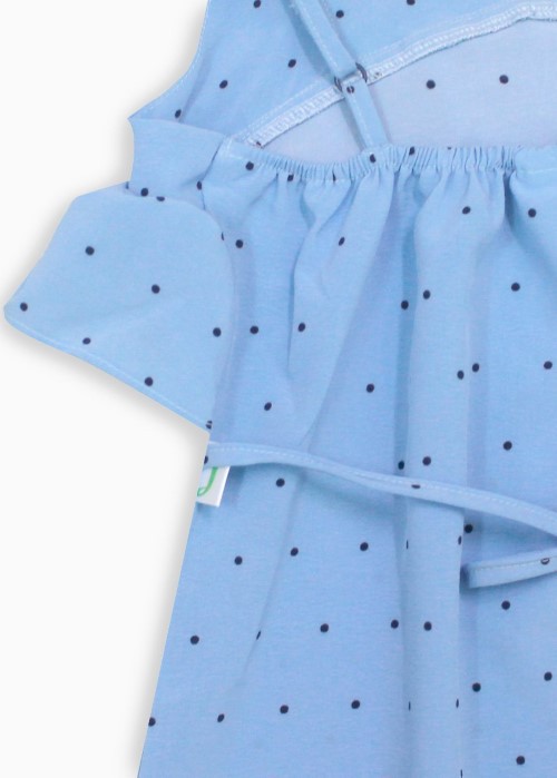 Đầm hai dây bèo ngực chấm bi xanh cho bé gái