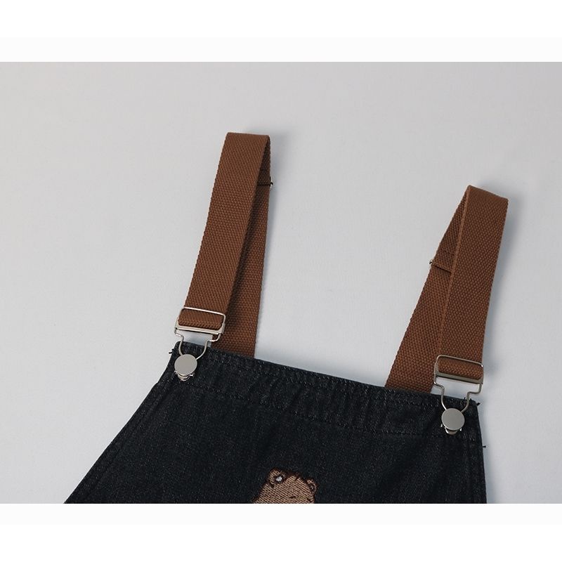 Quần Yếm Denim Mỏng Ngắn Năm Tấc Dáng Rộng Thêu Hình Gấu Phong Cách Mới Cho Nữ