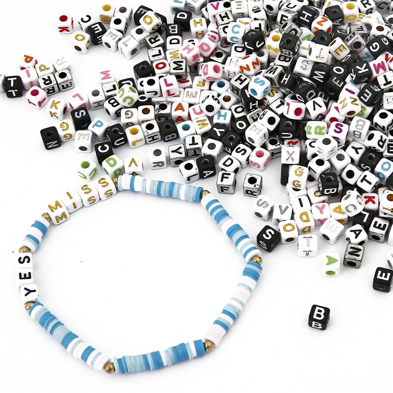 Set 200 hạt xâu chuỗi 5x5mm họa tiết chữ cái nhiều kiểu làm trang sức thủ công