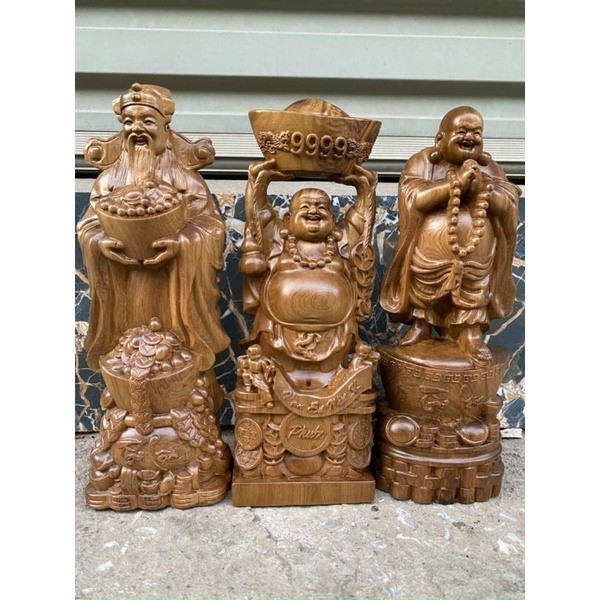 Bộ tượng phật 3 ông thần tài ,di lặc dâng tiền ,di lặc chúc phúc ,bằng gỗ bách xanh ,