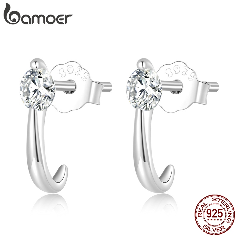 Đôi khuyên tai BAMOER bạc 925 kiểu chữ J thời trang cho nữ