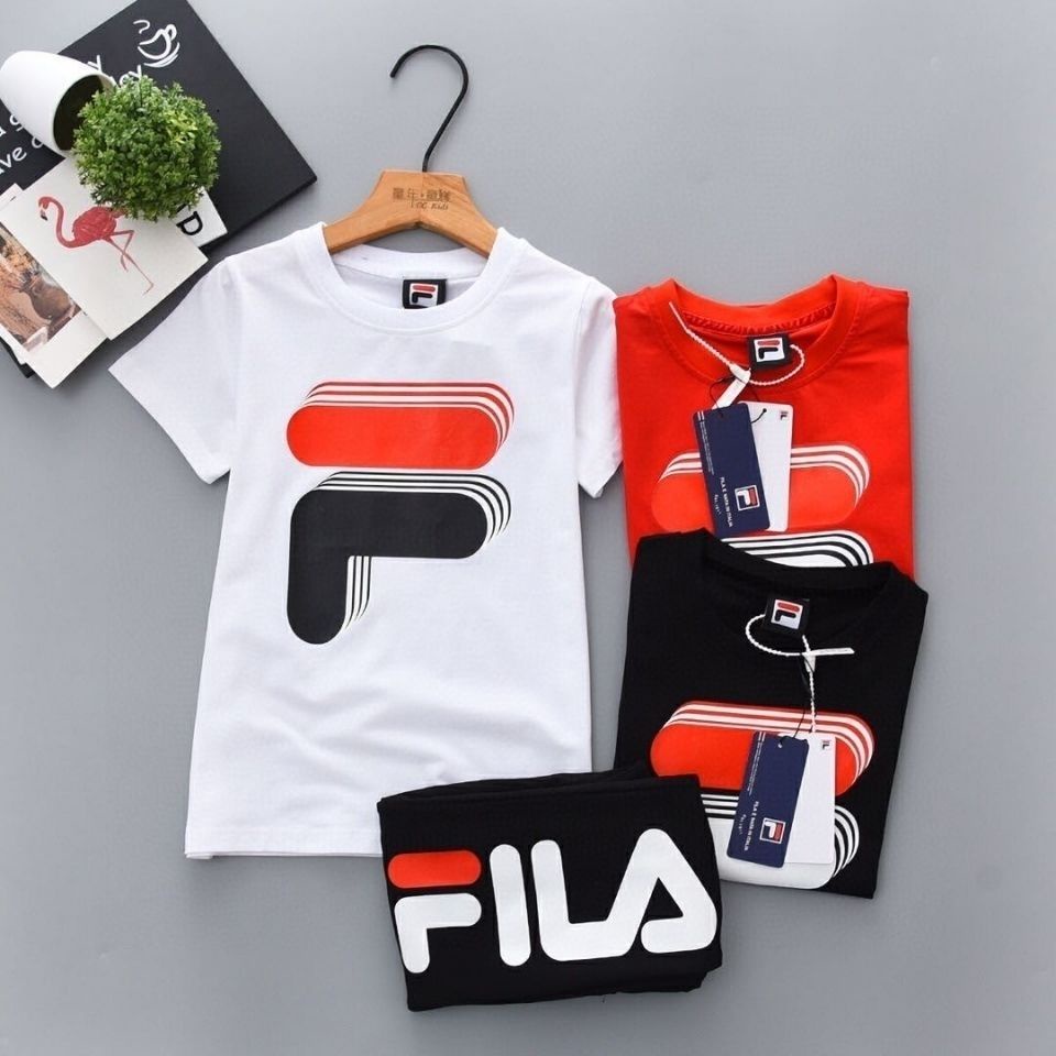 Fila Set Đồ 2 Món Gồm Áo Thun Tay Ngắn Cổ Tròn + Quần Short Vải Cotton Thời Trang Cho Bé 2-13 Tuổi