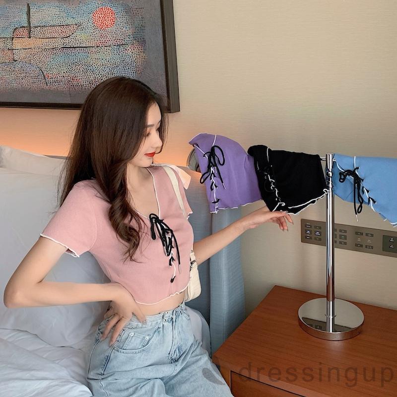 [Mã FAMAYWA giảm 10K đơn 50K] Áo Croptop Tay Ngắn Cổ Chữ V Thiết Kế Cột Dây Quyến Rũ Cho Nữ | BigBuy360 - bigbuy360.vn