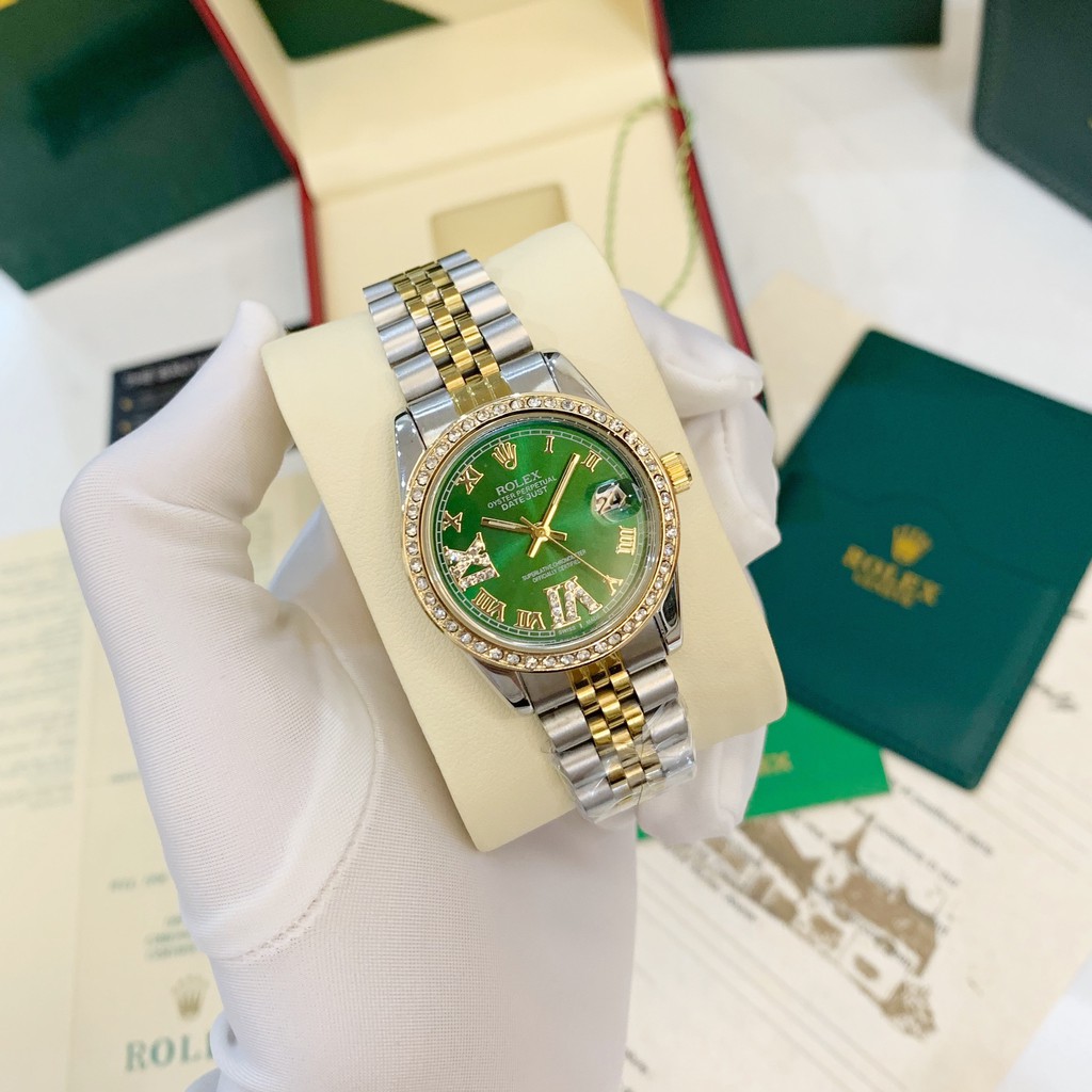 Đồng hồ nữ Rolex mặt tròn đính đá sang trọng dây kim loại bảo hành 12 tháng DHN603