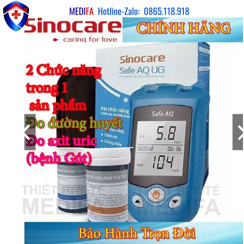 Combo Máy đo đường huyết và Axit Uric (gút - gout) 2 trong 1 Sinocare Safe AQ UG + Máy đo huyết áp bắp tay Sinocare